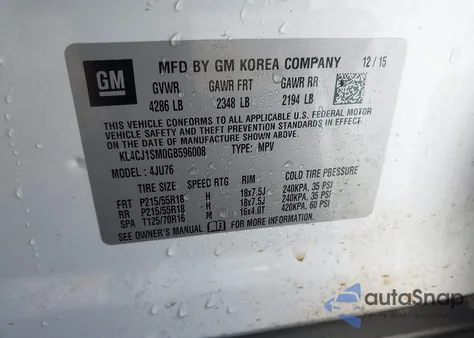 2016 Buick Encore Sport Touring из США, поврежденный, VIN KL4CJ1SM0GB596008